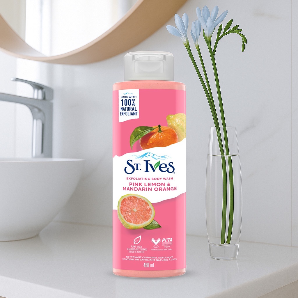 St Ives Exfoliating Body Wash Pink Lemon & Mandarin Orange 473ML – Image 2